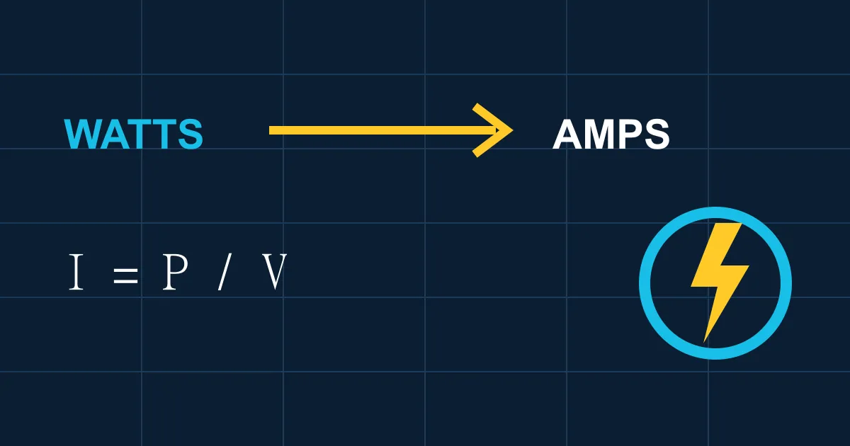 Watts-to-amps conversion diagram showing I = P / V